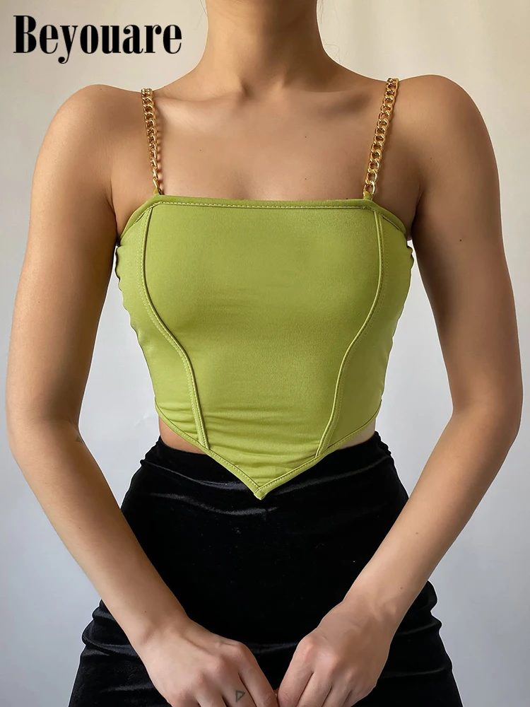 

Beyouare Summer Basic Camis Women Chain Cropped Top Solid Vest Square Collar Sleeveless Backless Slim Tank Sexy Office Lady 2022