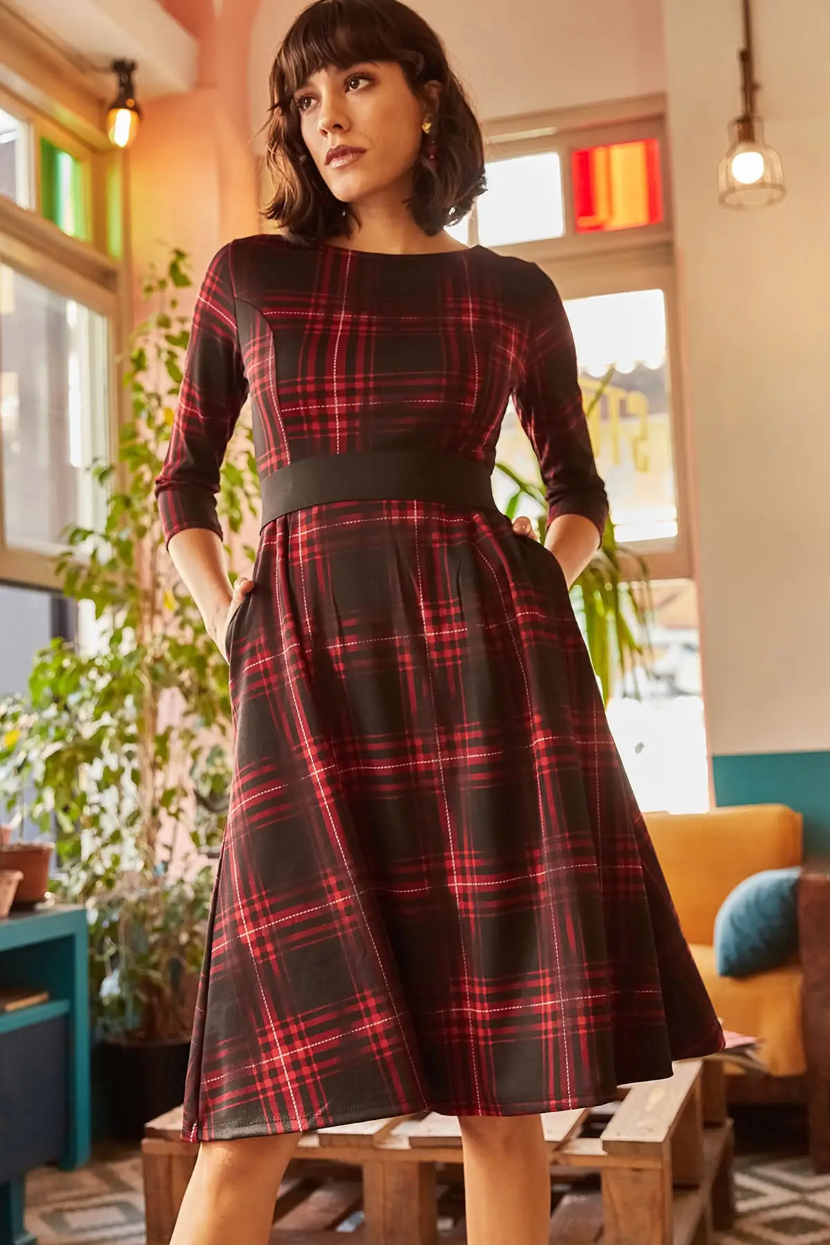 Ola Women Plaid Pockets Cloche Dress ELB-19000870 | Женская одежда