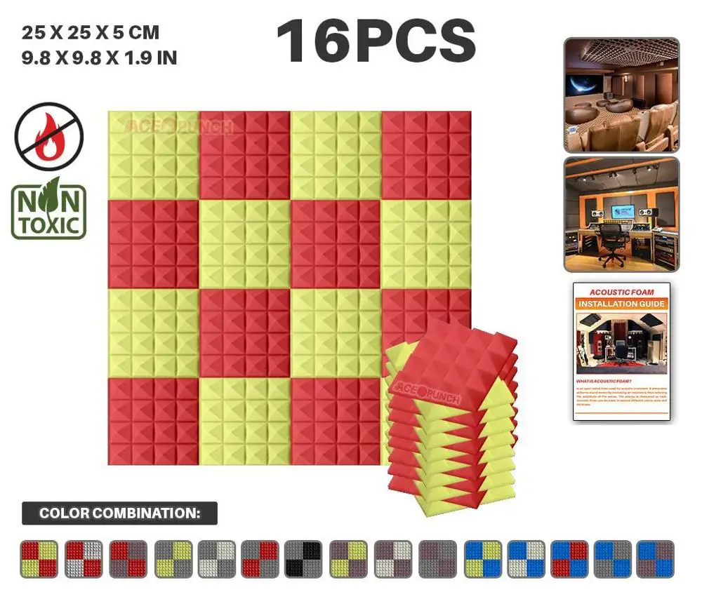 Red and Yellow Arrowzoom 16 шт. набор цветов 9," x 9,8" x 1," Пирамида плитка студия Звукопоглощающая Панель акустическая пена AZ1034 - Цвет: Red and Yellow