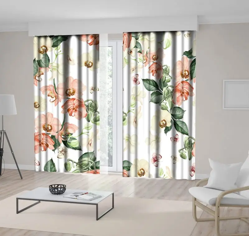

Curtain Orchid Flowers Butterflies Magical Garden Vintage Style Artwork Green Pink Beige