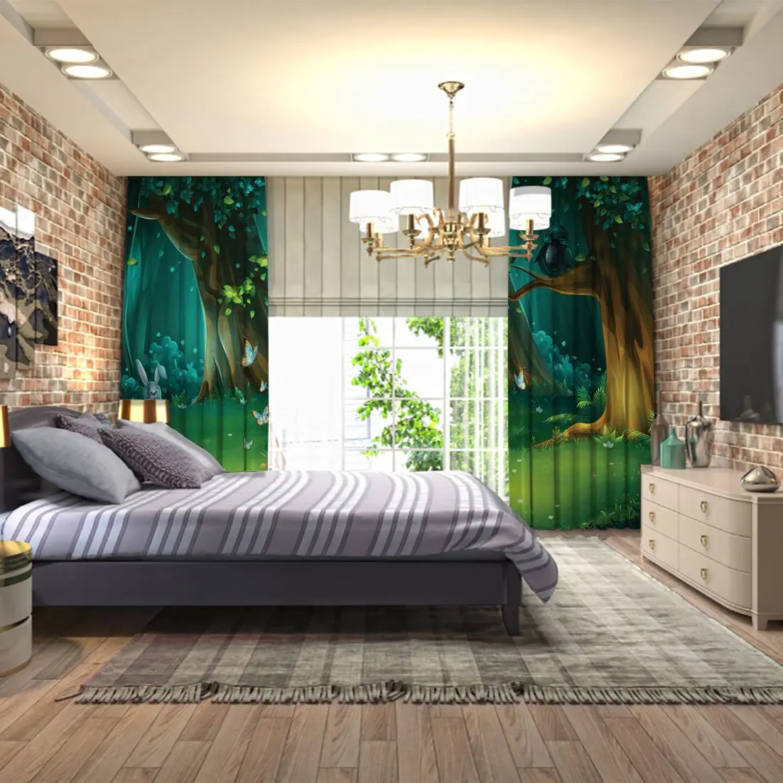 Занавес с лесными деревьями падающими листьями кроликами бабочками и вороной в