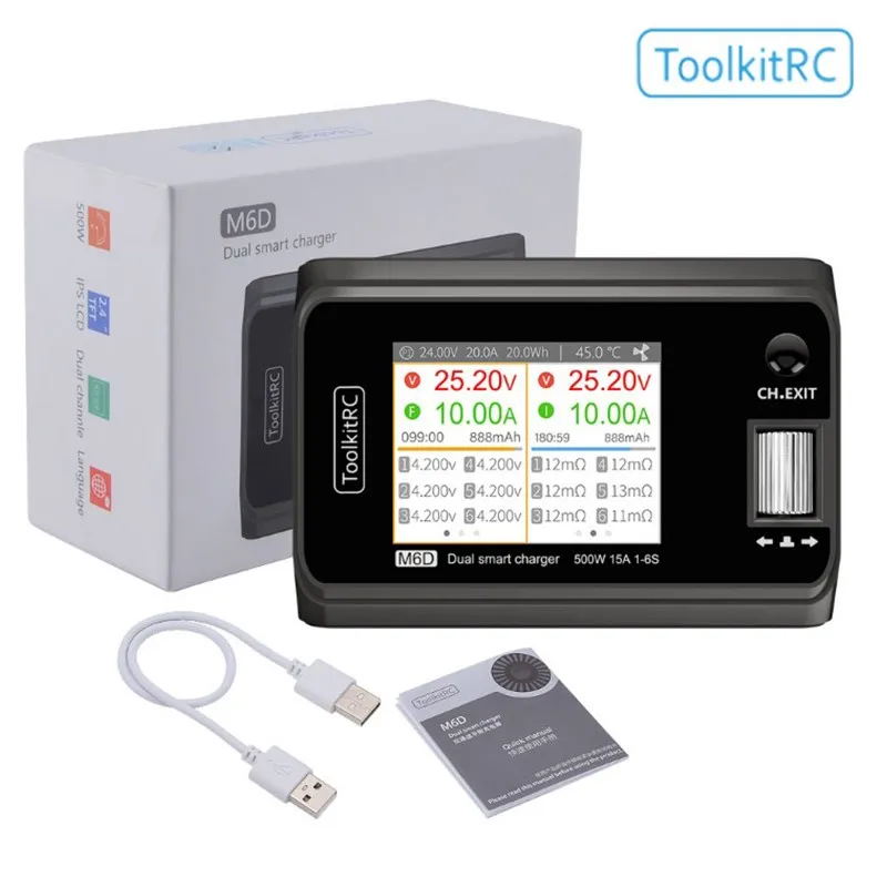

2022 ToolkitRC M6D500W 15A Двухканальное мини-умное зарядное устройство Dis зарядное устройство для 2-6S Lipo батареи FPV дрона модели запасные части