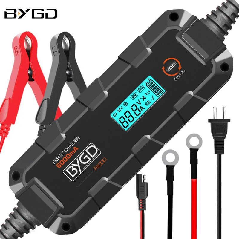 BYGD 6V 12V 6000mA Fully Automatic Smart Battery Charger Pulse Repair Battery Maintainer Trickle Charger for Car Lawn Mower Boat