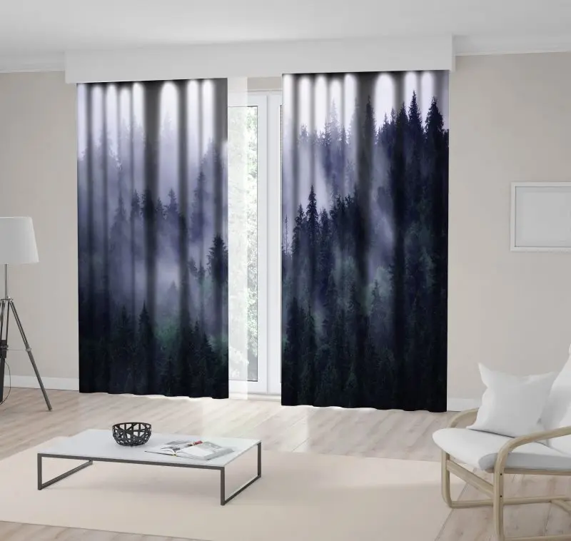 

Curtain Landscape with Fir Forest Wild Nature Foggy Morning Scenery in Vintage Retro Style Photo Blue Green Gray