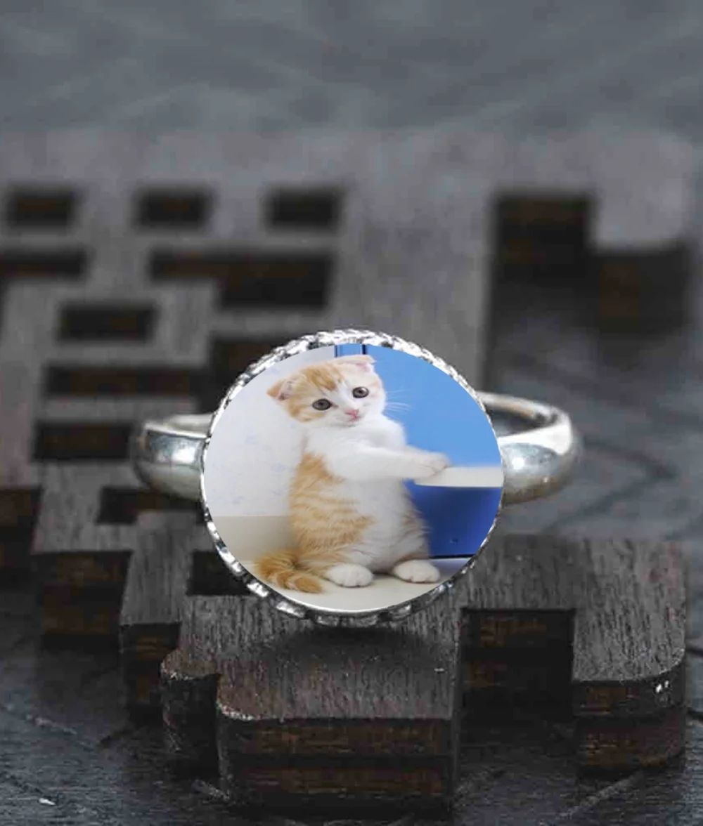 Регулируемое серебряное кольцо с белым и коричневым котом|Обручальные кольца| |