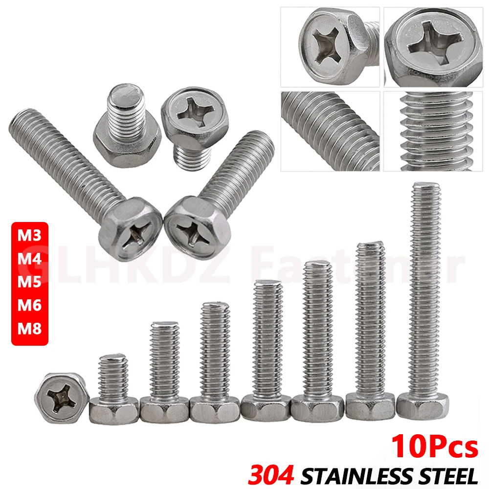 

10pcs M3 M4 M5 M6 M8 Phillips Cross Recessed External Hex Hexagon Head Cap Bolt Machine Screw 304 A2 Stainless Steel 5mm to 60mm