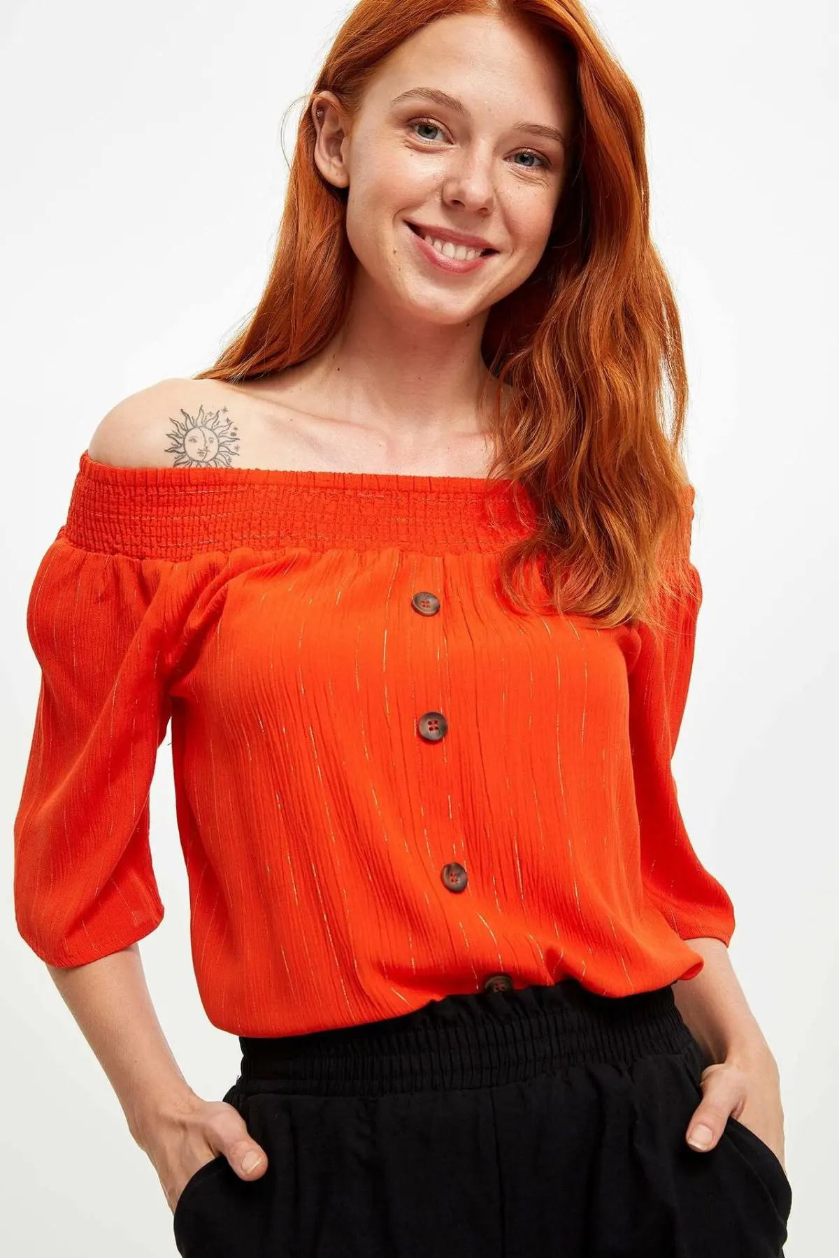 DeFacto Осенняя женская желтая эластичная блуза с открытыми плечами однотонная