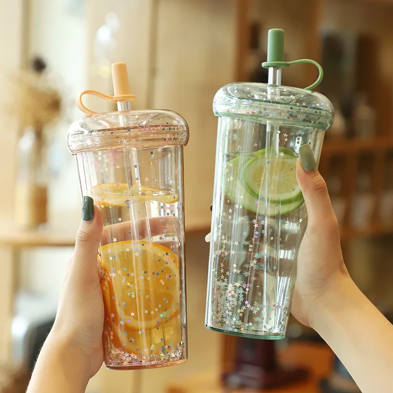 

520ML Glitter Water Bottle Double Layer Tumbler with straw Water Bottles For Girls Bubble Tea Cup Drinkware Leakproof Cups
