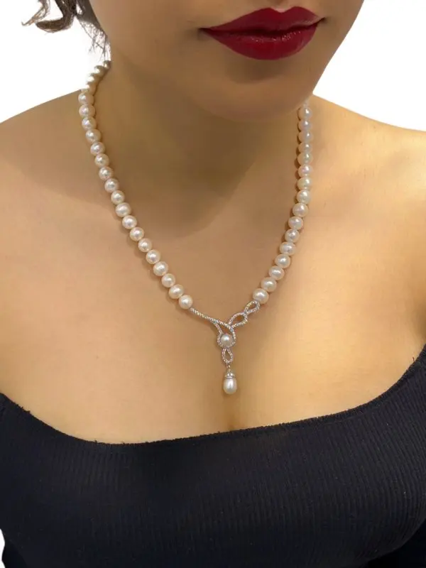 Чокер из серебра 925 пробы с фианитом и жемчугом | Украшения аксессуары