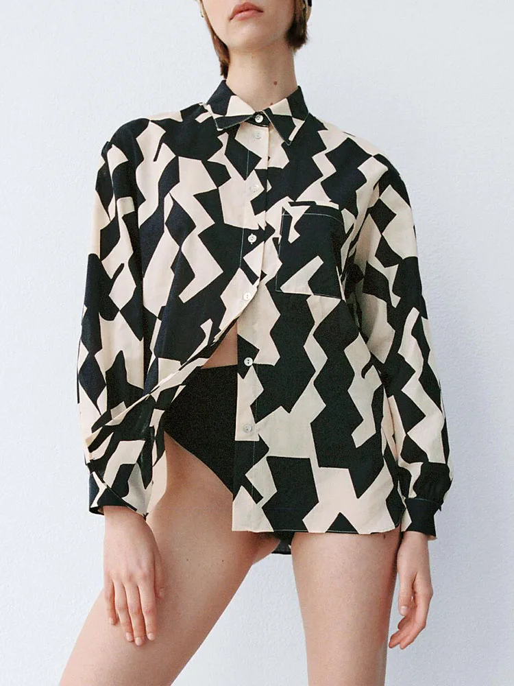 

ZA Printed Shirt Summer New Women's Retro Hong Kong Style Printed Long Sleeve Flower Shirt All-match Fashion Shirt