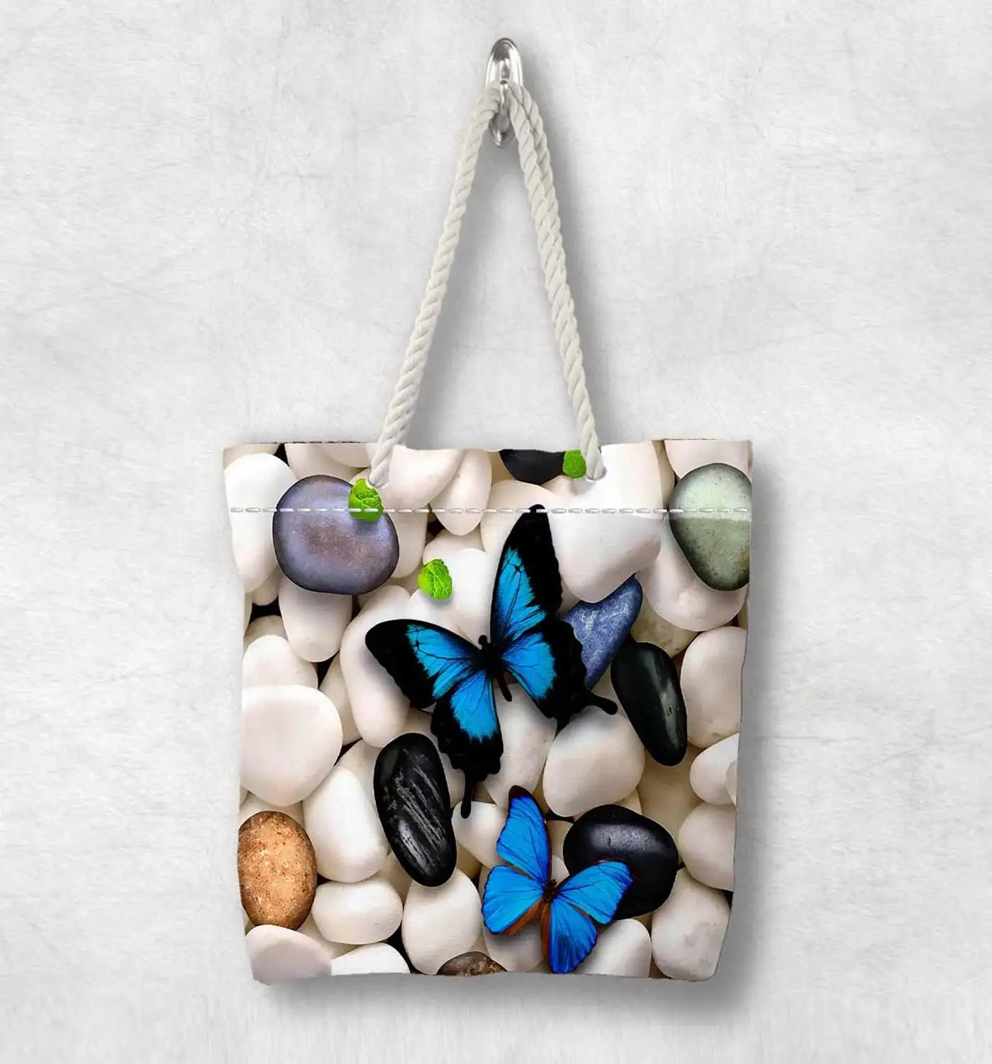 Еще белая холщовая сумка с камнями на синей бабочке новая модная веревочная