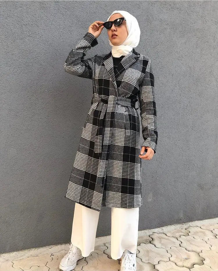 

plaid pattern thin stamp coat waistband waist belt coat