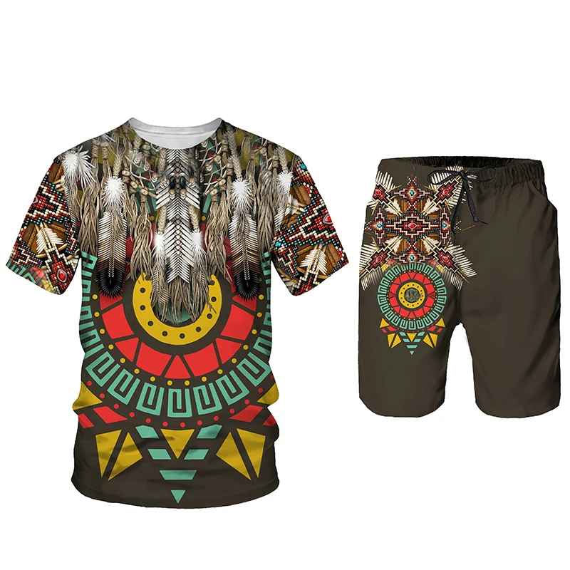 

Indian Print Summer T-shirt Shorts Suit Mexican Style Pattern Short-sleeved Top Sportswear Two-piece Fashion Men's Suit
