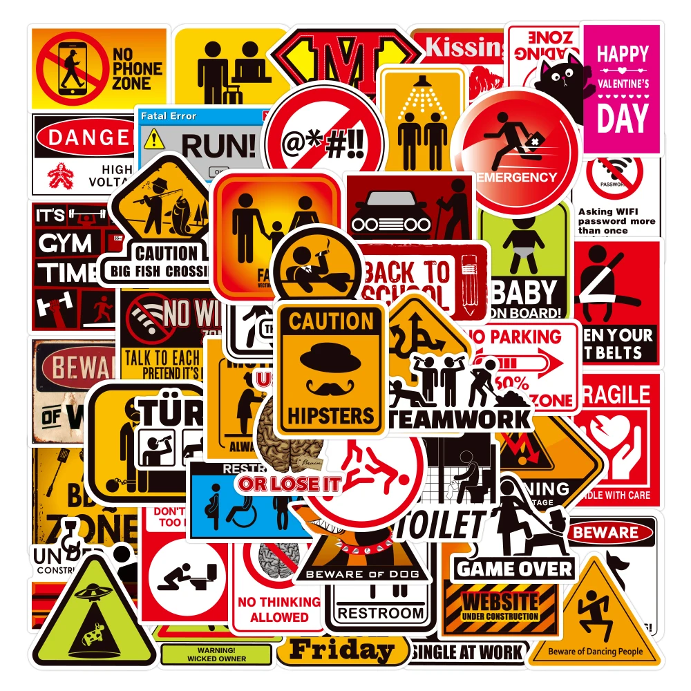 

50PCS Cartoon Warning Danger Banning Signs Reminder Stickers Luggage Notebook Skateboard Mobile Phone Waterproof Laptop Sticker