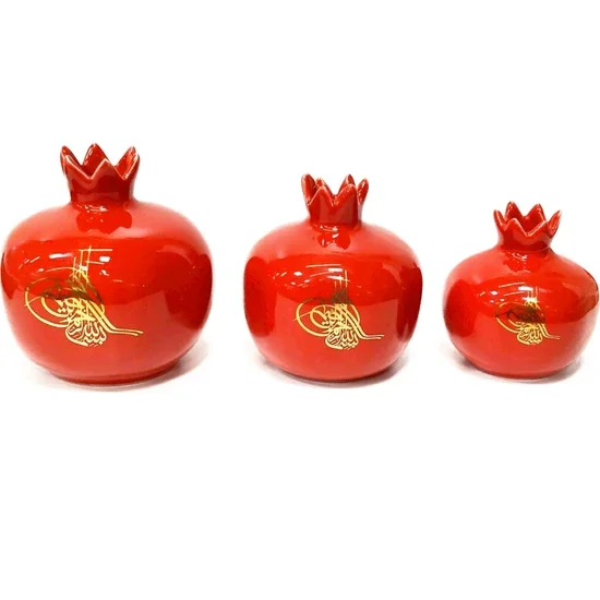 

Tile Ceramic Pomegranate Set Handmade Tugra Gilded Set of 3 Black Turkish Vase Trinket Ottoman Sultan Arabic