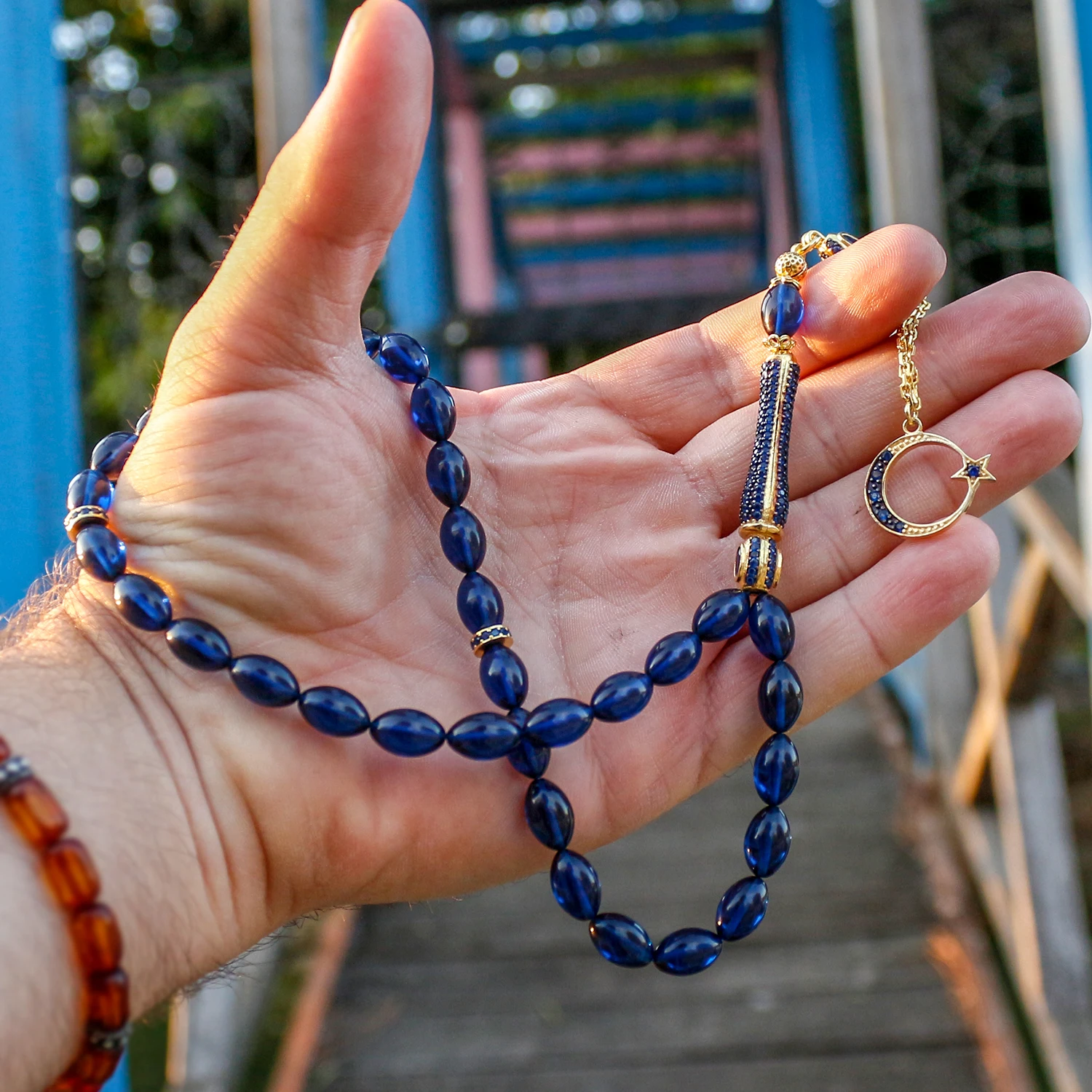 

Zirkon Ayyldz Design Blue Amber Tasbih Fashion Turkish Premium Quality Handmade Jawelery
