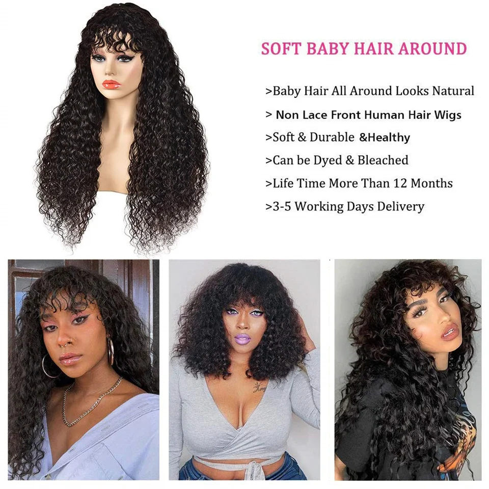 Deep Wave Wig Brazilian Human Hair Wigs With Bangs Full Machine Made Wig For Black Women 14-30 Inch Glueless Fringe Wigs