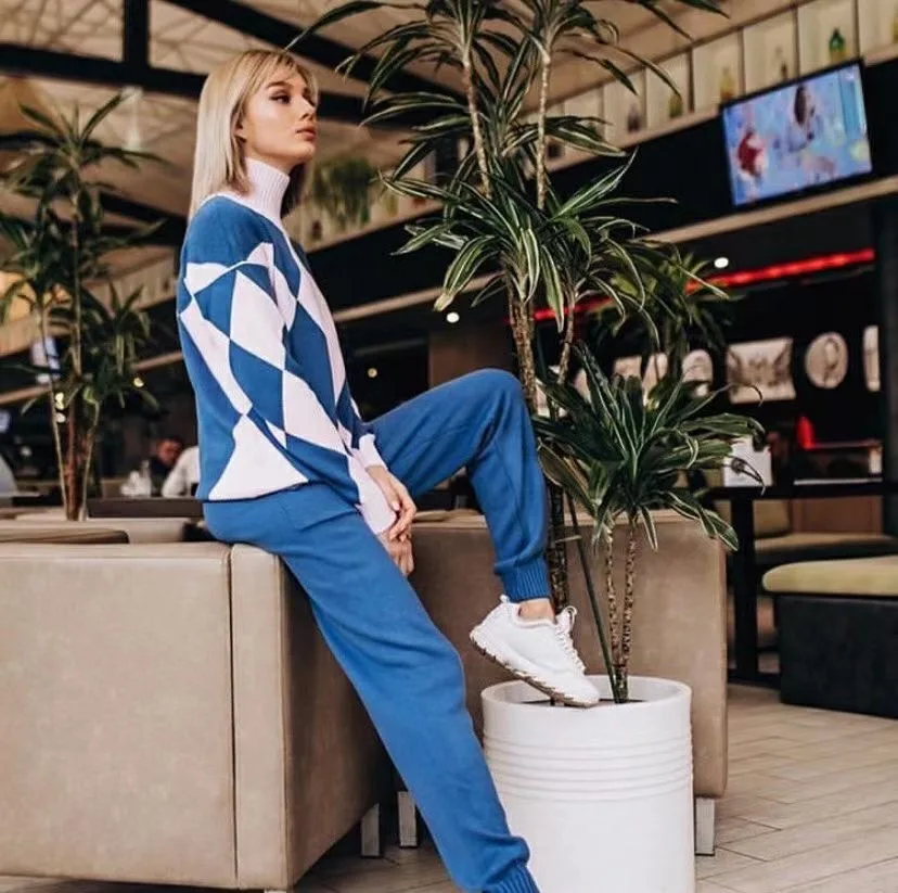 

Women Knitted Sweater Tracksuit Turtleneck Plaid Top+ Solid Color Pant Thick Fleece Warm Two Piece Set