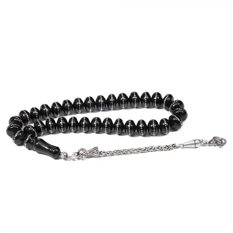 

Compressed Design Jet Rosary (Tasbih) with Silver Circular Inlays Fashion Turkish Premium Quality Handmade Jawelery
