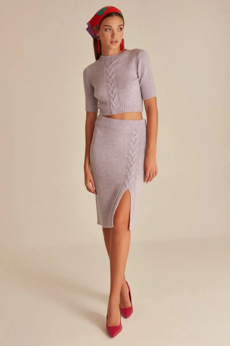 Joinus Cable Knitted Skirt With Slit Detail Woman Lilac