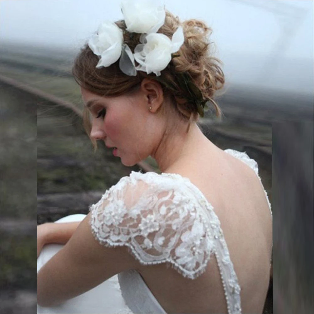 

Delicate A-line Lace Chiffon Bridal Gowns 2021 Fashion V-neck Cap Sleeve Backless Bow Sweep Train Wedding Dresses