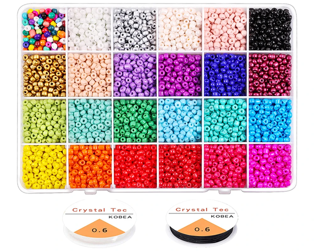

Glass Seed Beads 24 Colors Loose Beads Kit Bracelet Beads with Crystal Cord Storage Box for Jewelry Making