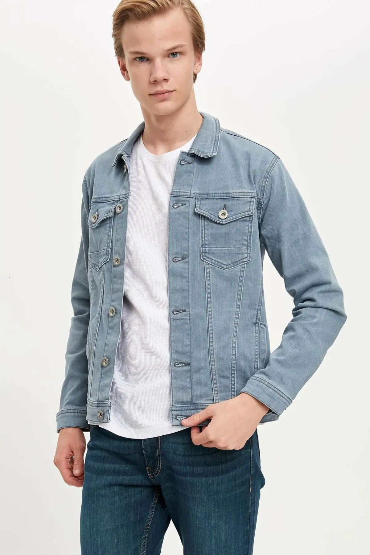 Дефакто мужские осенние синие джинсовые рубашки повседневные светильник синий