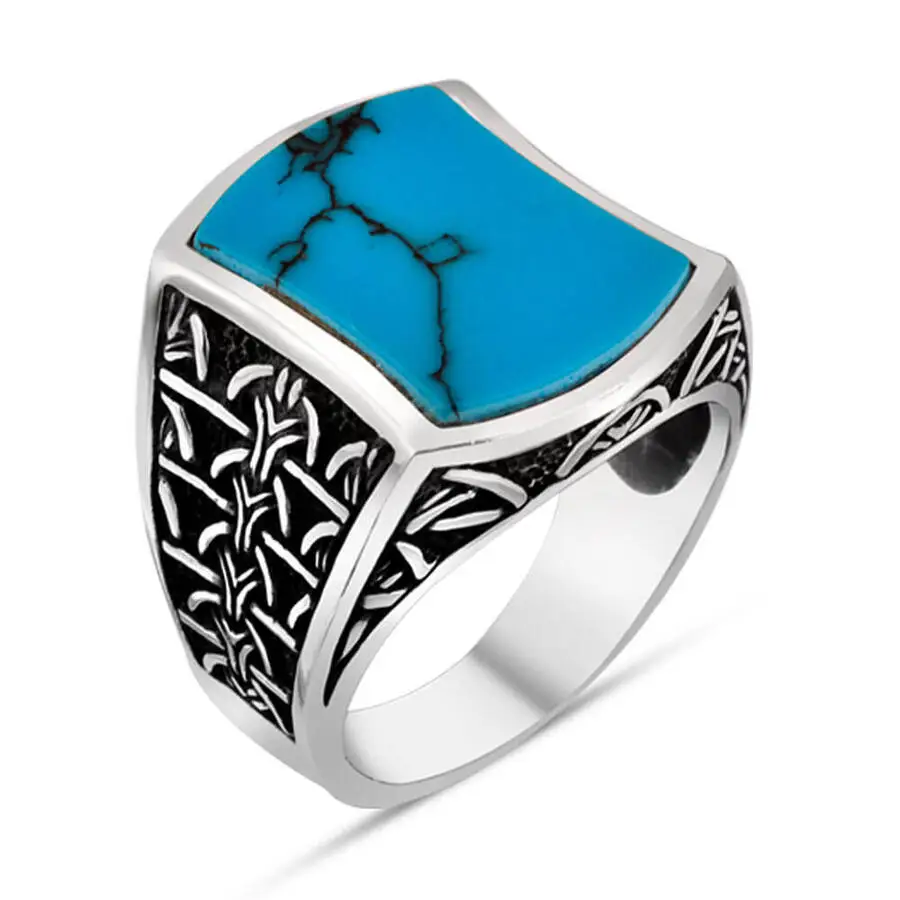 

Men Silver Ring With Blue Raw Turquoise Stone Made In Turkey Solid 925 Sterling Silver