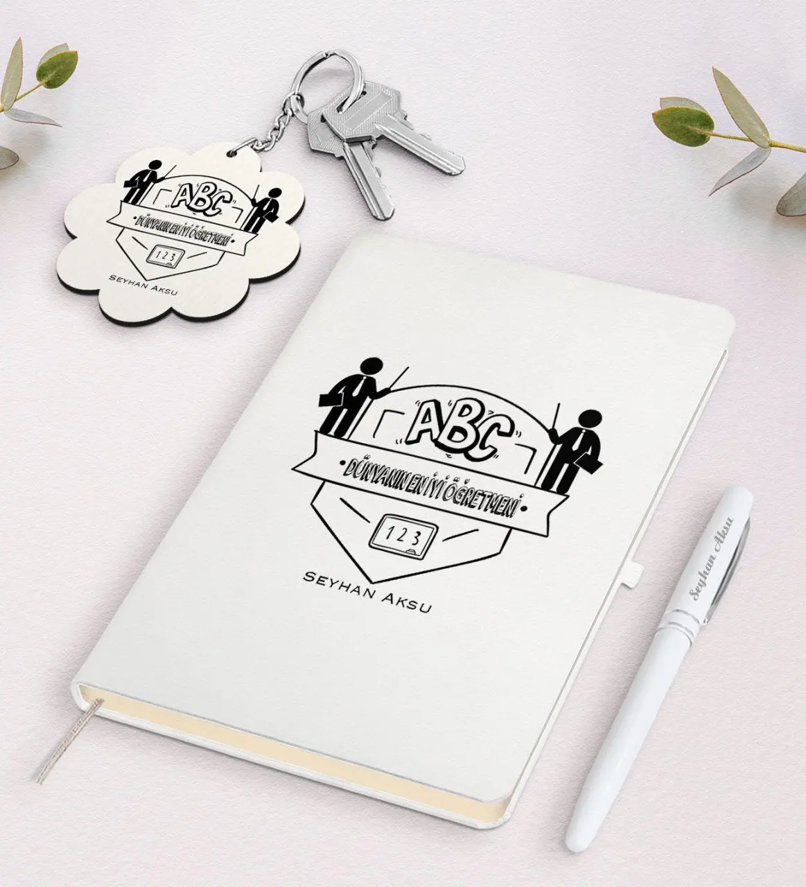

Personalized World Best Teacher White Notebook Pen And Keychain Gift Seti-18