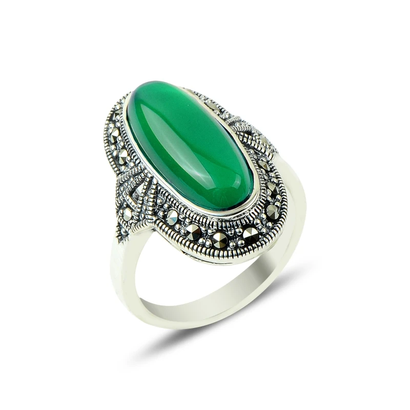 

Silver 925 Sterling Marcasite & Agate Stone Ring