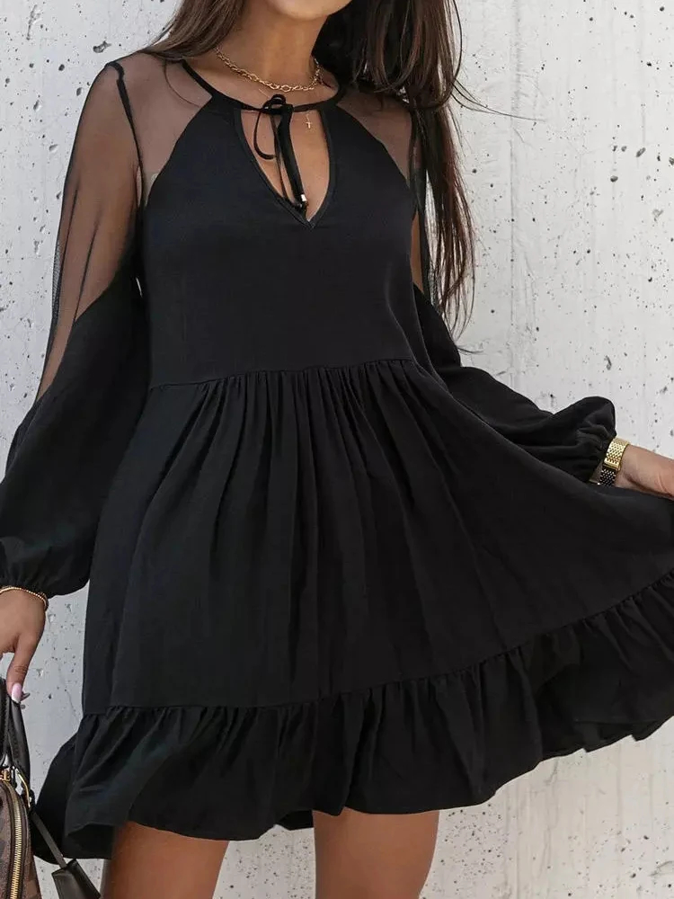 

V Neck Mesh Panel Dress Hollow Sexy Dress Fashion Elegant Slim Sexy Dress Summer New Women's Dress