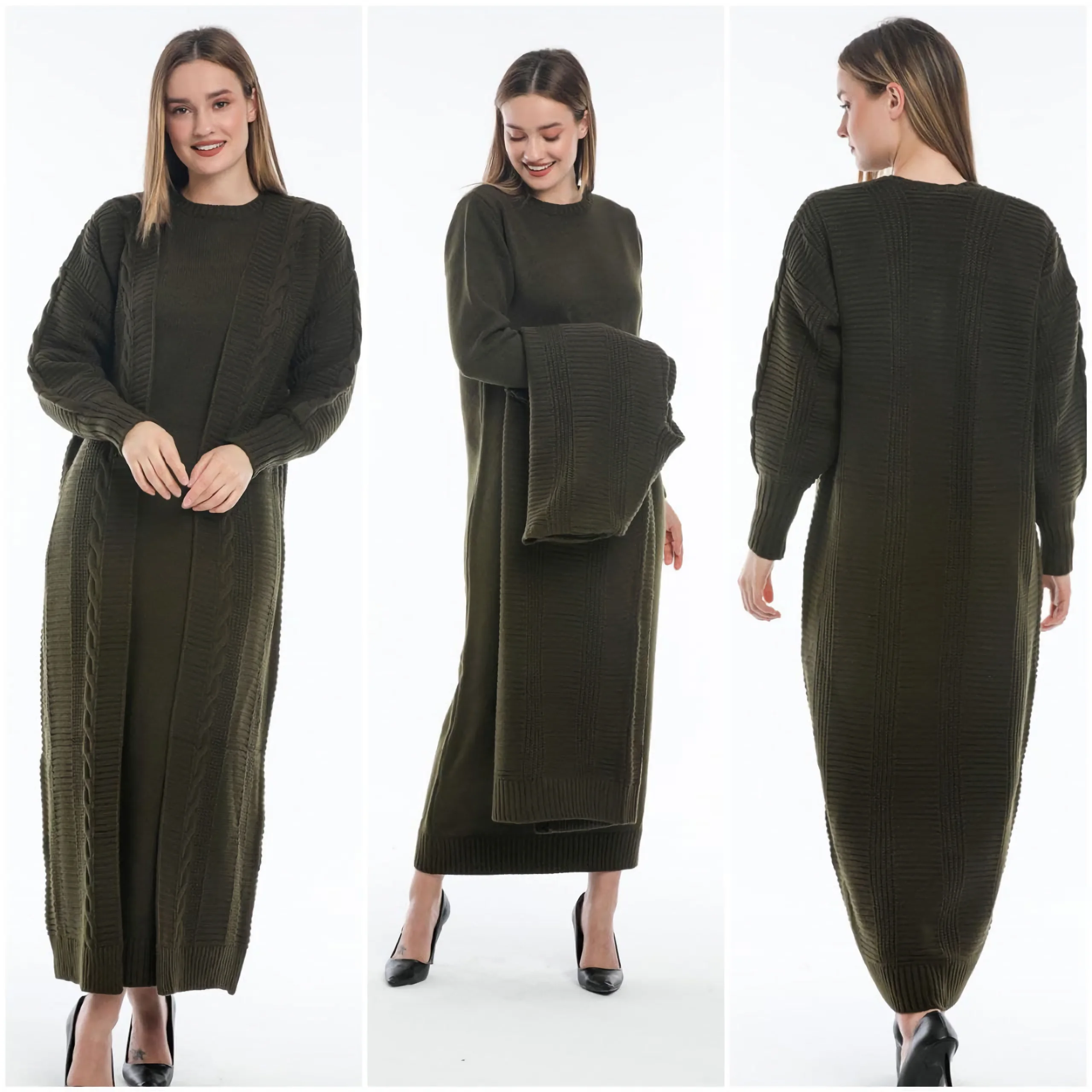 2Pcs Muslim Women Knitted Dress Cardigan Knitwear Modest Clothing African Hijab Islamic Turkey Dubai Abaya Long Sleeve Winter