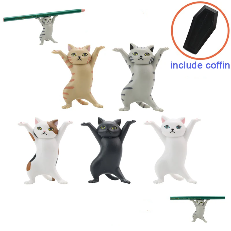 

1/5pcs Cat Stand Holder Anime Action Figure Kawaii Cat Pen Holder Mini Dolls Kids Toys Home Decoration Figurines Carrying Coffin