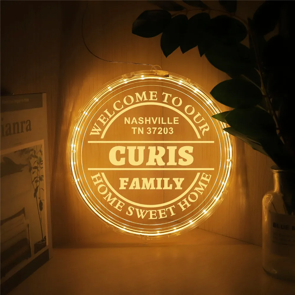 Home Decor Sign Wall Lamp Custom Name Welcome To Our Family Art LED Night Light for Door Window Hanging 16cm/24cm |
