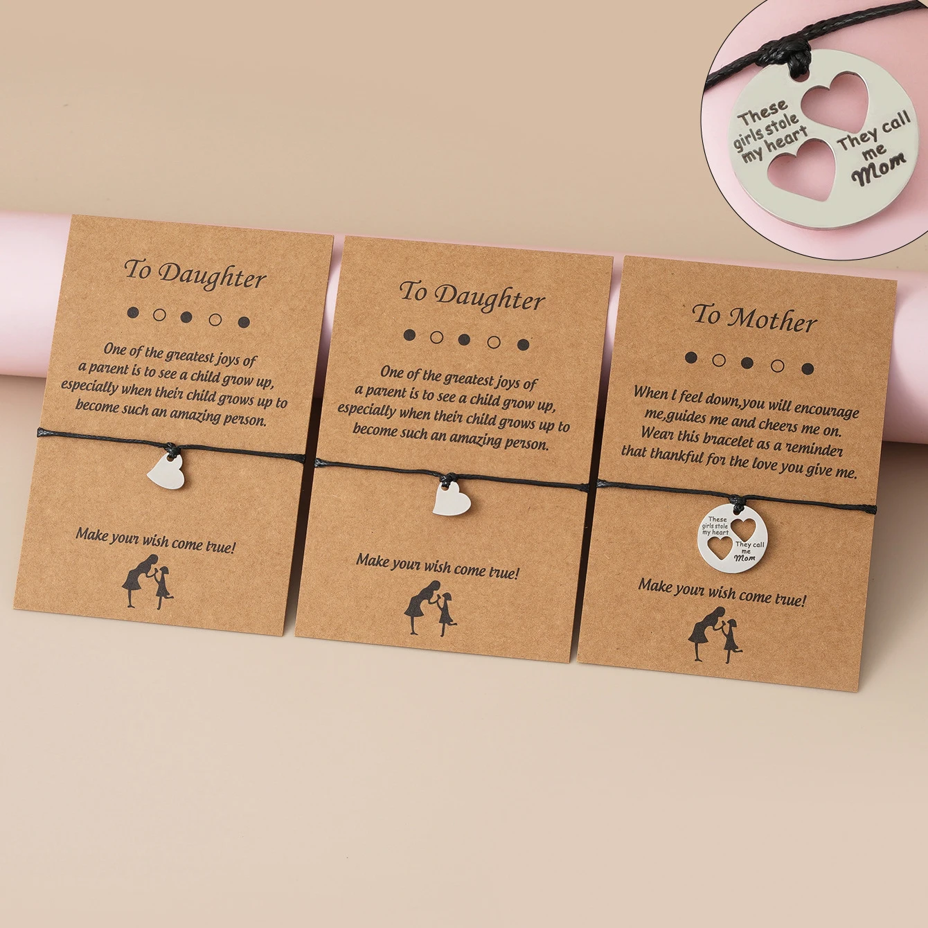 Ручная работа браслет Charm для матери из нержавеющей стали с вырезанным сердцем, регулируемая веревочная цепочка, сладкий подарок на День матери.