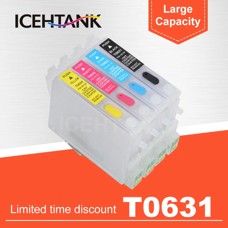 

ICEHTANK Refillable Ink Cartridge For Epson T0631 For Epson Stylus C67 C87 C87 Plus CX3700 CX4100 CX4700 CX5700F CX7700 Printer