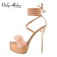 onlymaker summer platform sandals cross strap women transparent metal high heel peep toe pink artificial fur shoes 2021