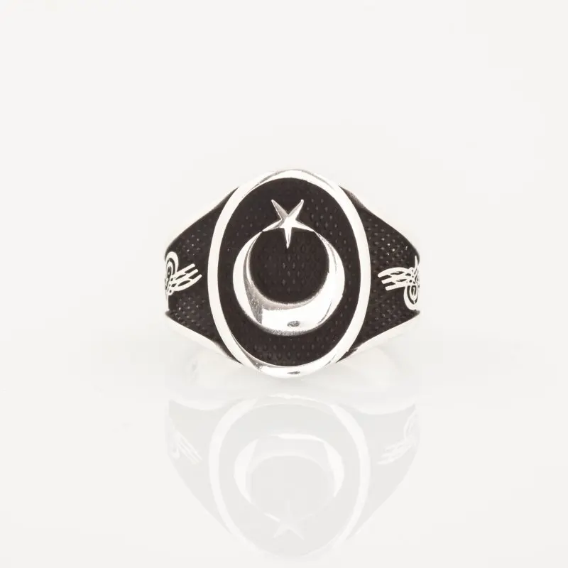 

925 Sterling Moon Star Model Tugra Patterned Silver Ring Turkish Premium Quality Handmade Jawelery