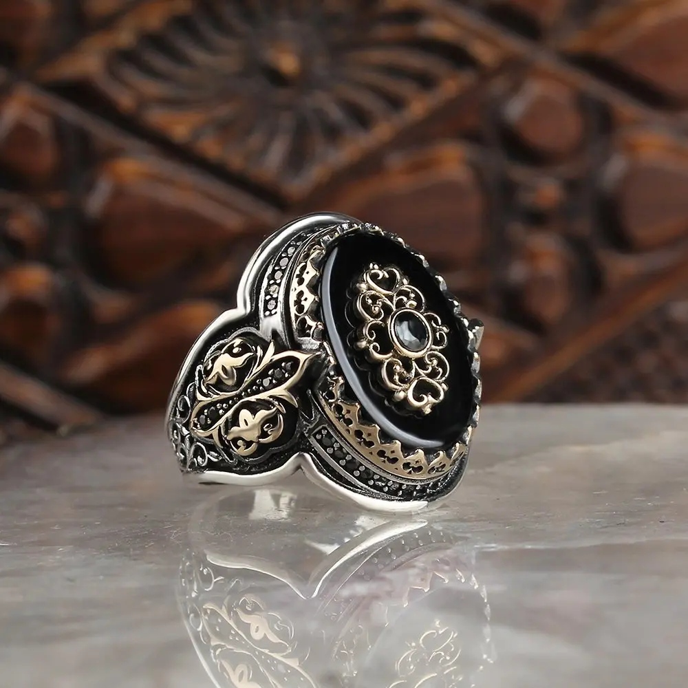 

Оникс 925 серебро гравировка традиционная ручная работа Турецкая вывеска кольцо ювелирные изделия подарок для женщин мужчин