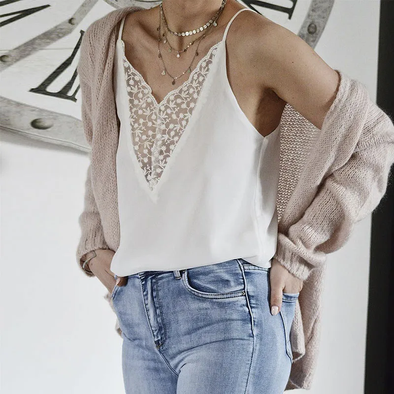 2020 Летняя женская Повседневная Свободная блузка без рукавов кружевная с
