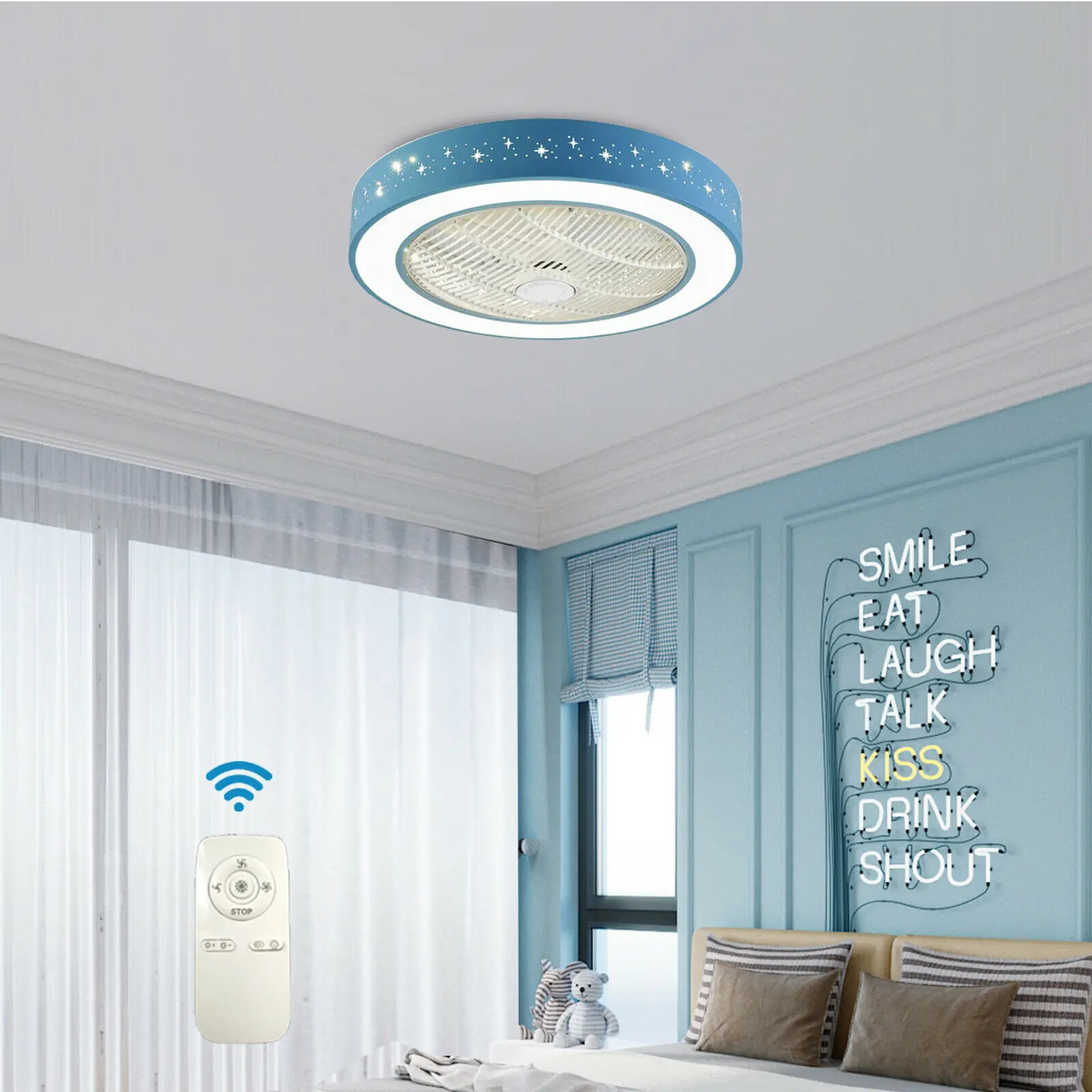 

OUKANING 21.6" Star Style Ceiling Fan Light Dimmable LED Chandelier Lamp 3 Speeds +Remote Blue For Children’s Room