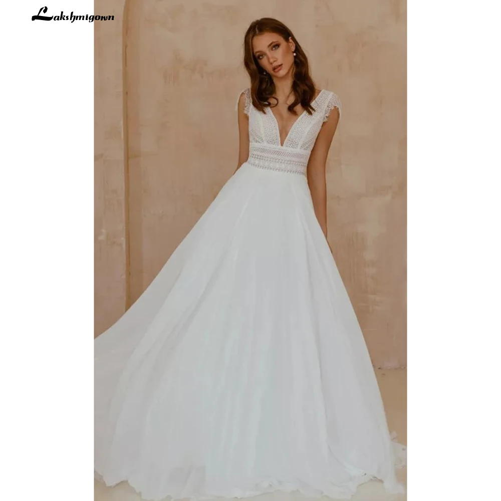 

Chic Bridal Robe Cap Short Sleeve Beach Wedding Dress Lace V-Neck Wedding Dress Bridal Gown Lakshmigown Robe De Mariee