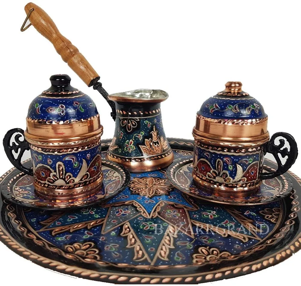 Turkish Greek Arab Moroccan Coffee Espresso Cups Set of 2 - Coffee Pot and Saucers Tray Set with Lid and Holder Handle Vintage F