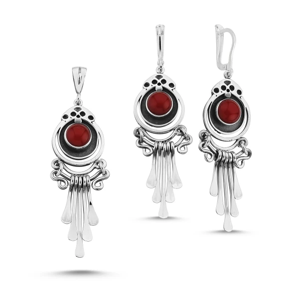 

Silver 925 Sterling Coral Stone Handwork Set