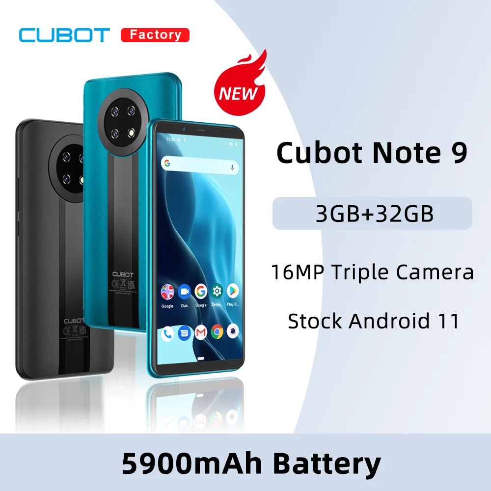 Smartphone Cubot Note 9 5.99 Screen 3GB+32GB Telephone Triple Camera 5900mAh Battery Mobile Phone Dual SIM Android 11