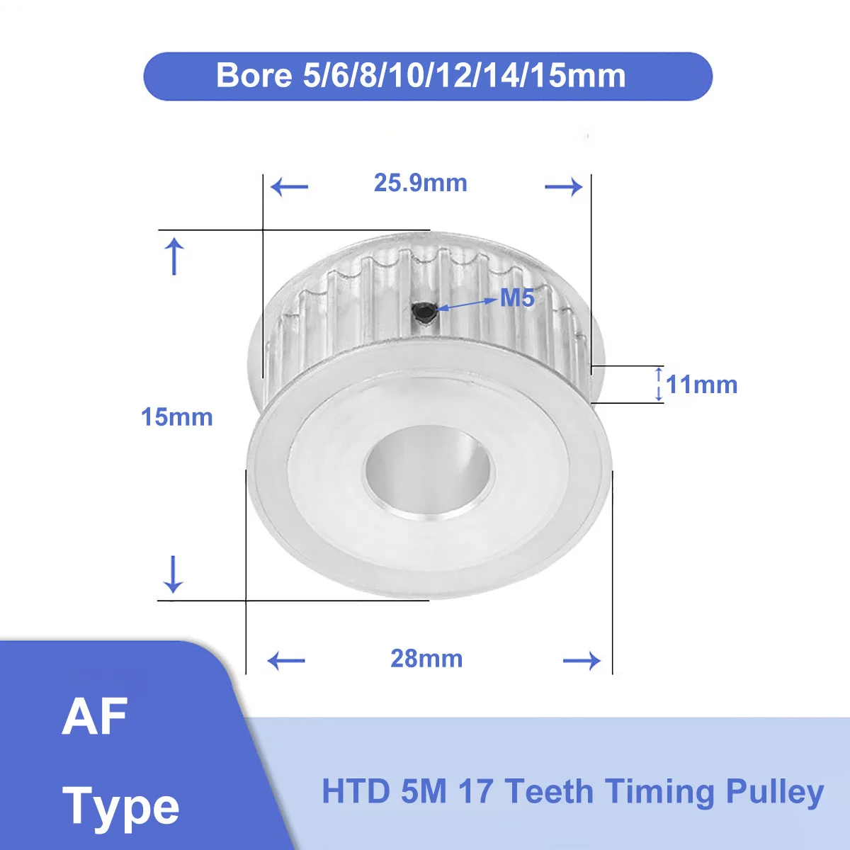 

HTD 5M 17 Teeth 11mm Width Timing Pulley Synchronus Wheel Bore 5/6/8/10/12/14/15mm Aluminium Idler Pulley for HTD5M Timing Belt