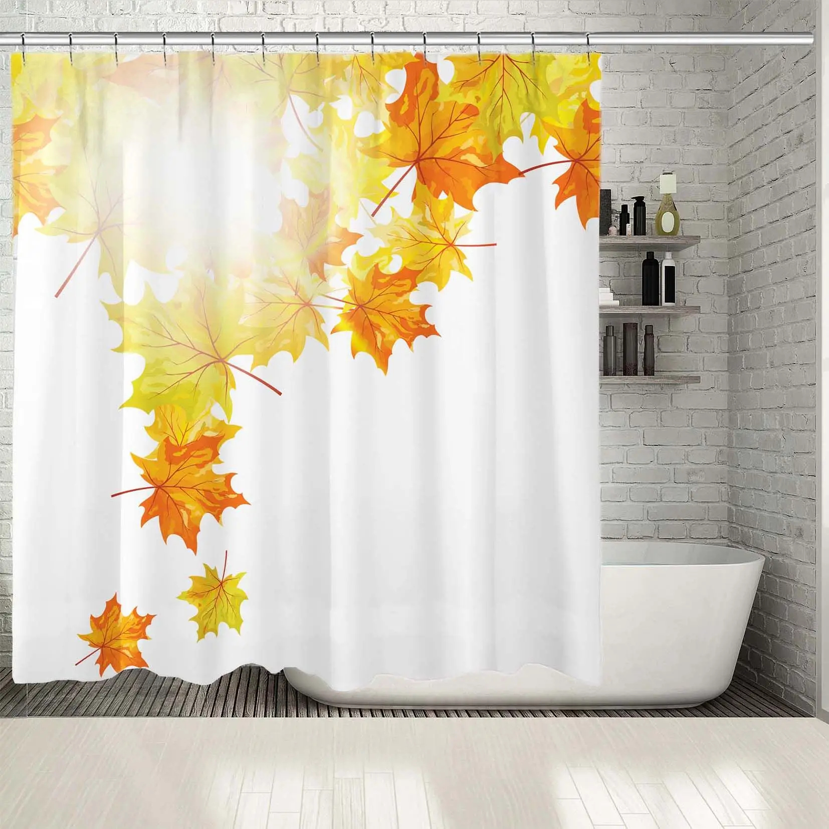 

Shower Curtain Falling Maple Tree Leaves Shining Sun Autumn Day Parking Nature View Printed Yellow Orange White