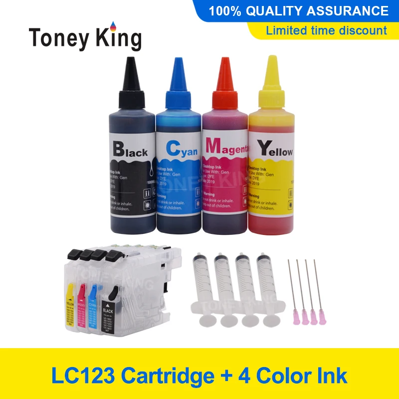 

Toney King Dye Ink Cartridges LC123 XL For Brother LC 121 123 125 127 129 MFC-J4410DW J4510DW Printer + 400ml Bottle Ink Kits