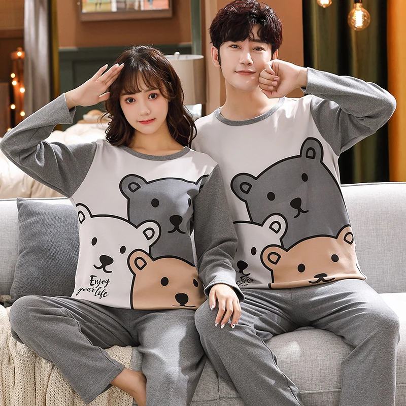 

2022 autumn high quality pure cotton pajamas pure cotton pajamas new men's long-sleeved bear pattern couple pajamas