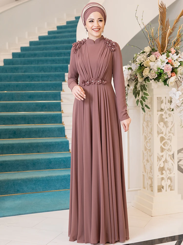 

Women Evening Dress New Season Islamic Covered Muslim Hijab Party Wear Floral Accessory Lined Oversized Long Abaya Turkey